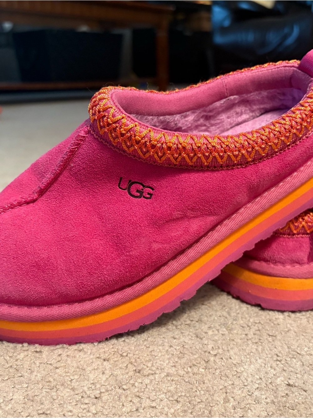 UGG Kids Hot Pink Suede Slip-On with Orange Accent